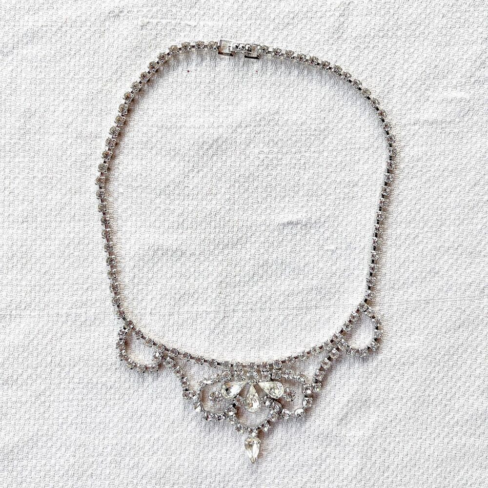 Vintage Crystal Rhinestone Bow Necklace Statement Collar Bridal Wedding Sparkle